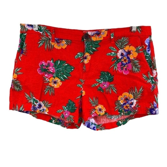 Old Navy Red Floral Hawaiian Linen Rayon Blend Shorts Sz 14 - Picture 1 of 11